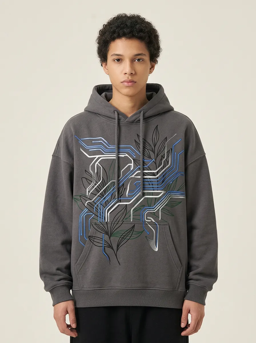 Unisex Cyberpunk Botanical Circuit Hoodie