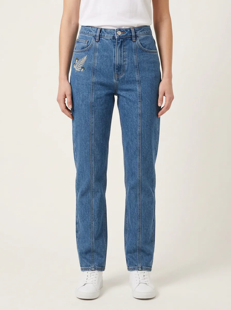 Women's Fern Botanical Embroidered Front-Seam Mid-Rise Straight-Leg Jeans