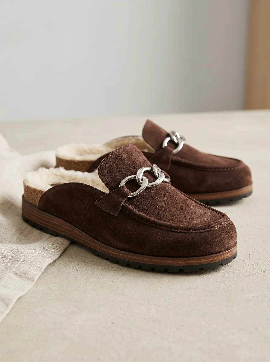 Women's Rugged Faux Fur Lined Metal Detail Clog Style Suede Wood Sole Loafers