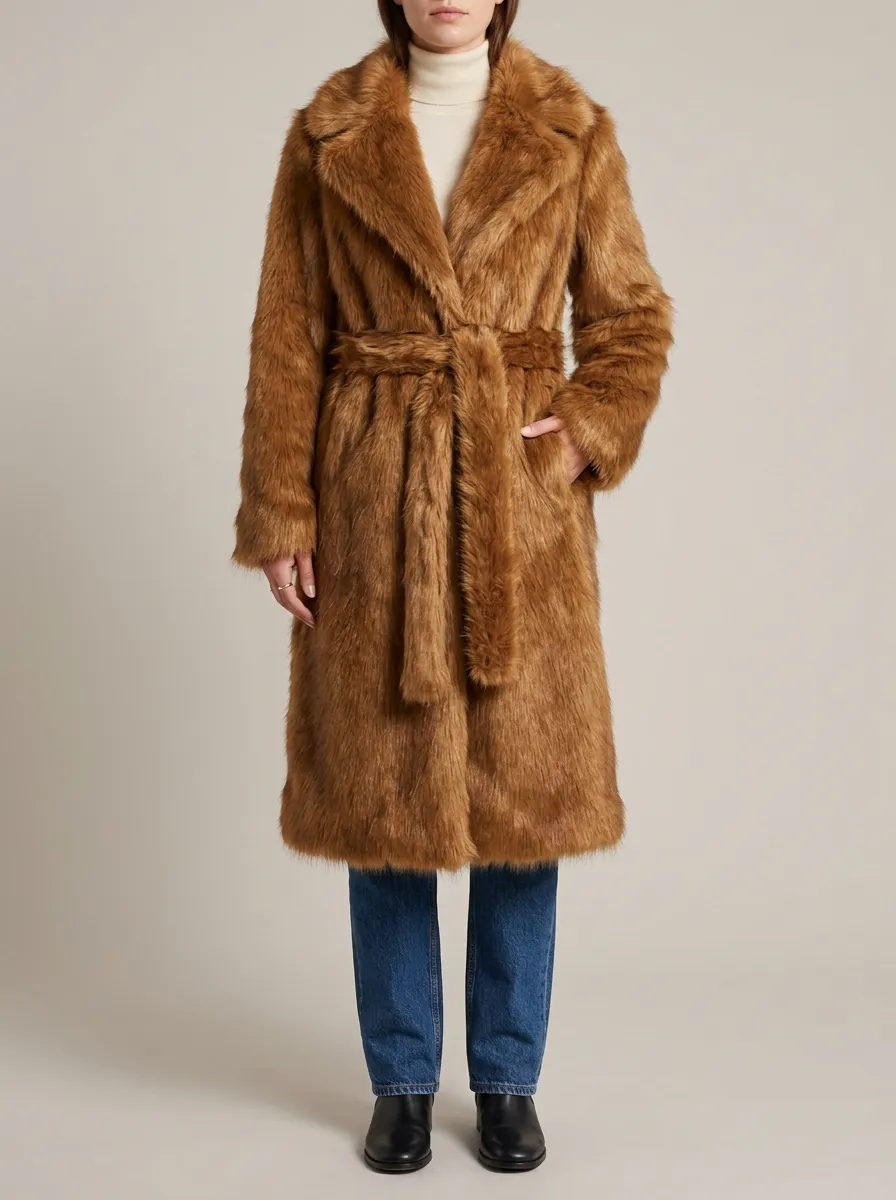 Side Pockets Faux Fur Belted Coat