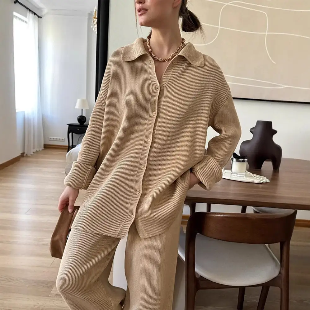 Relaxed Ribbed Sweater And Pants Set With Collar