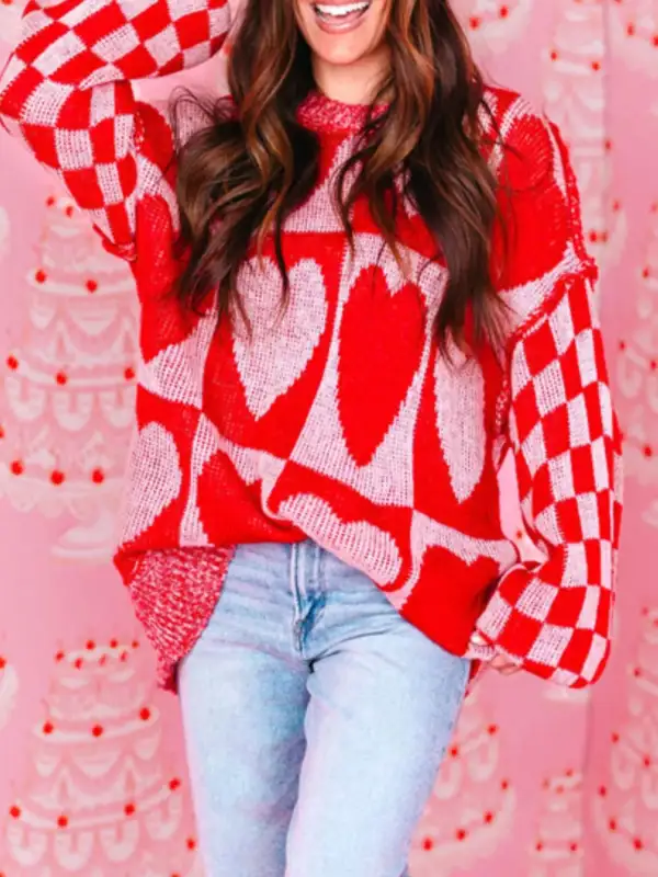Textured Heart Pattern Checkerboard Knit Sweater