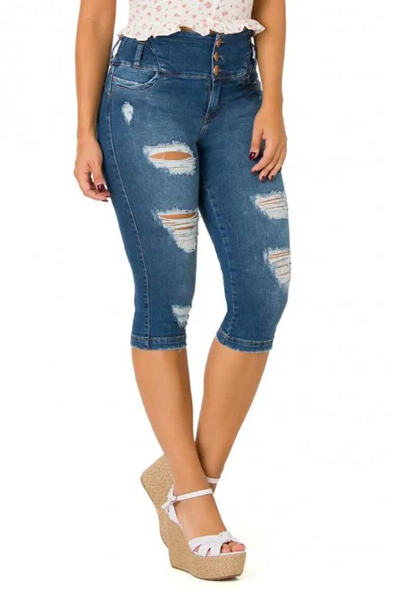 Cut Out Mid Waist Capris Jeans