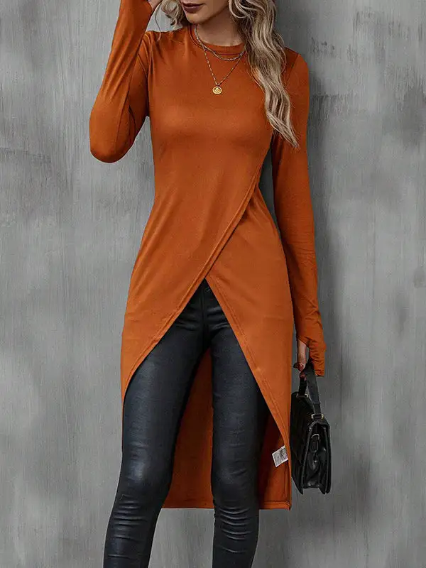 High Low Long Sleeve Panel Detail Round Neck T-Shirt