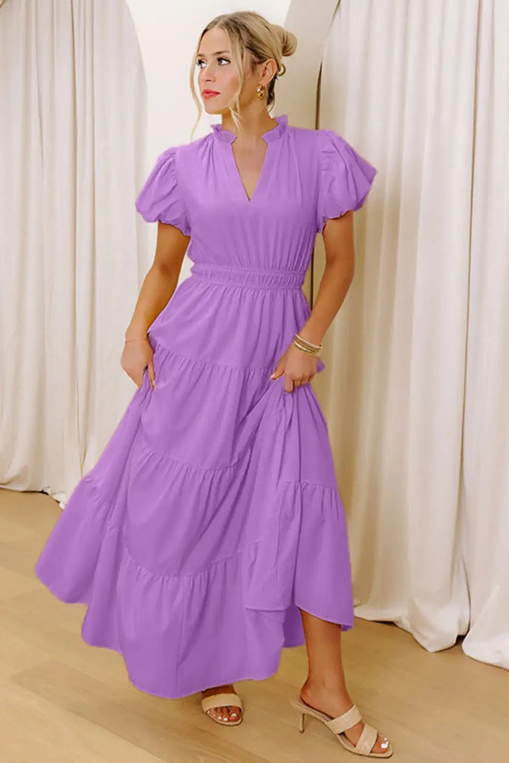 Clean Line V Neck Tiered Puff Sleeve Maxi Dress