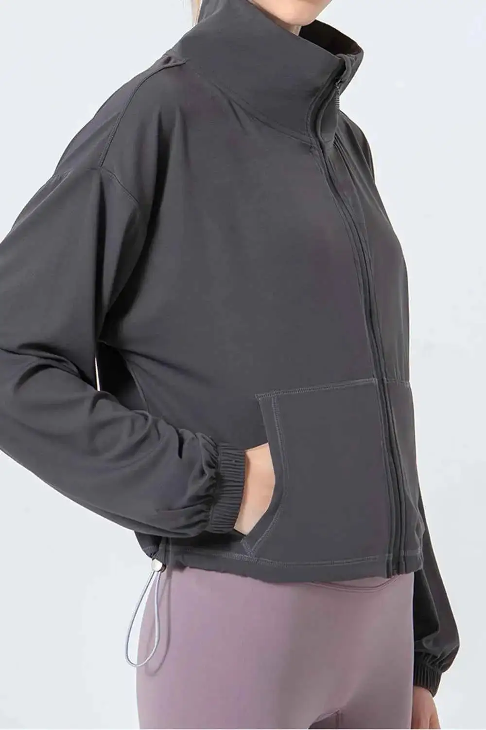 Drawstring Zip-Up Dropped Shoulder Active Outerwear