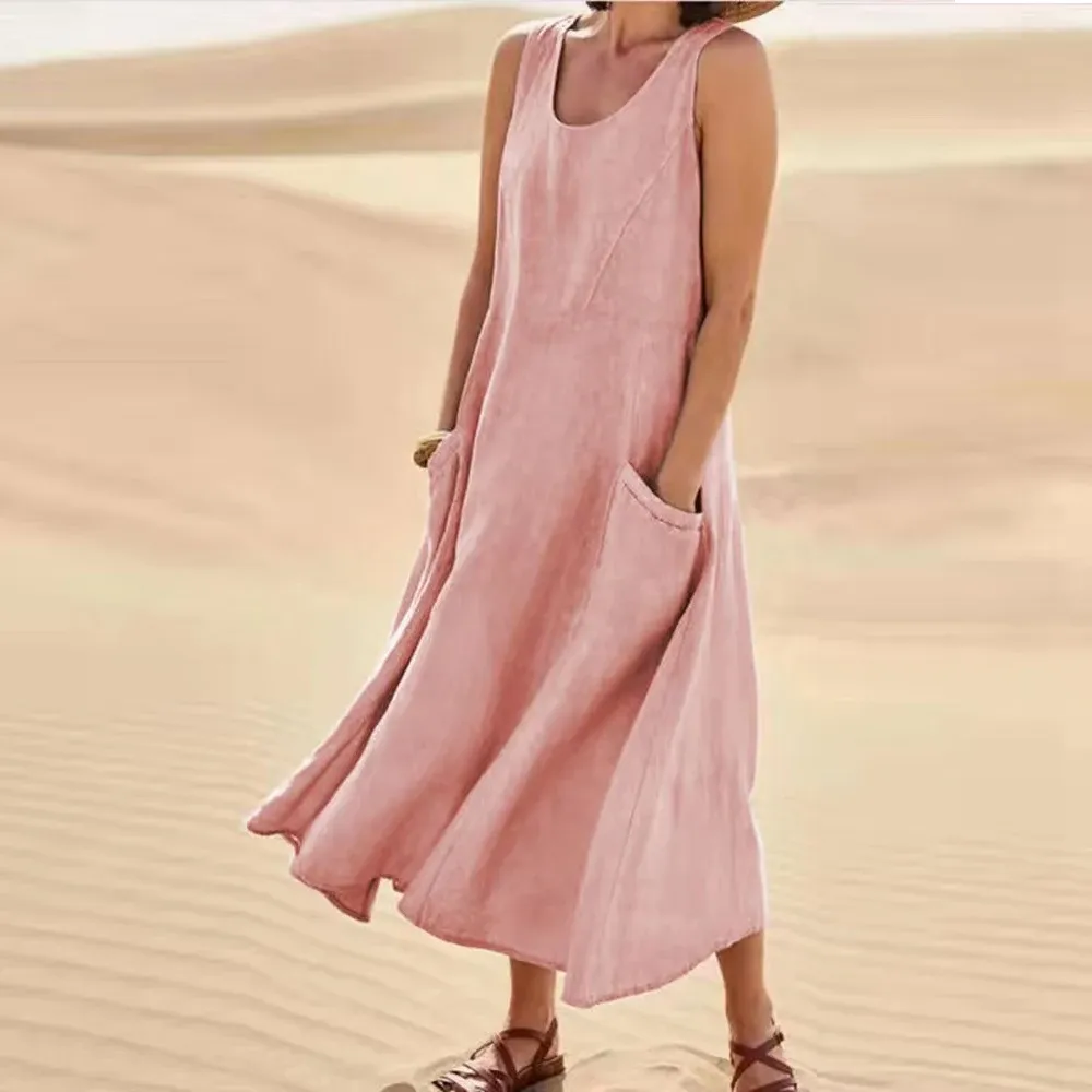 Sleeveless Linen Blend Cotton Blend Maxi Dress