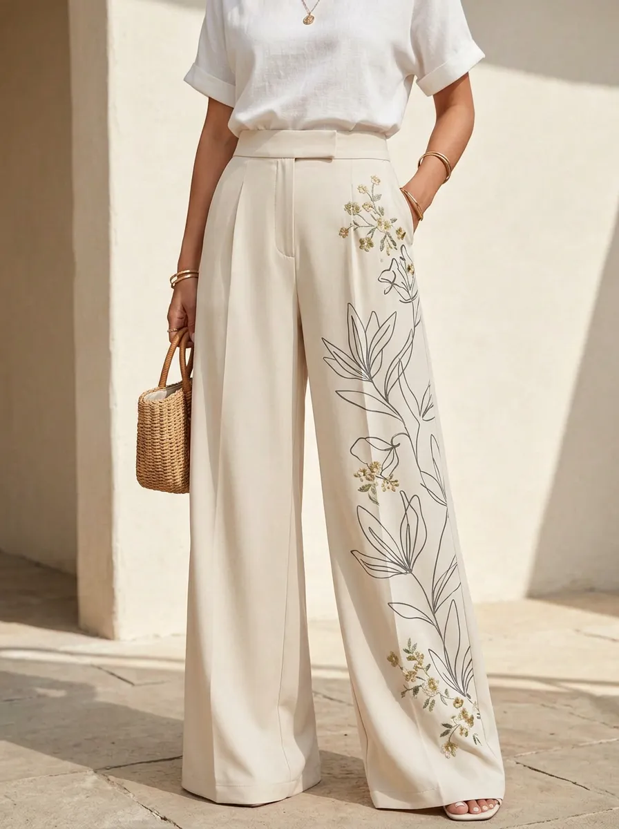 Women's Beige Floral Embroidered Floral Embroidery High-Waisted Wide-Leg Trousers