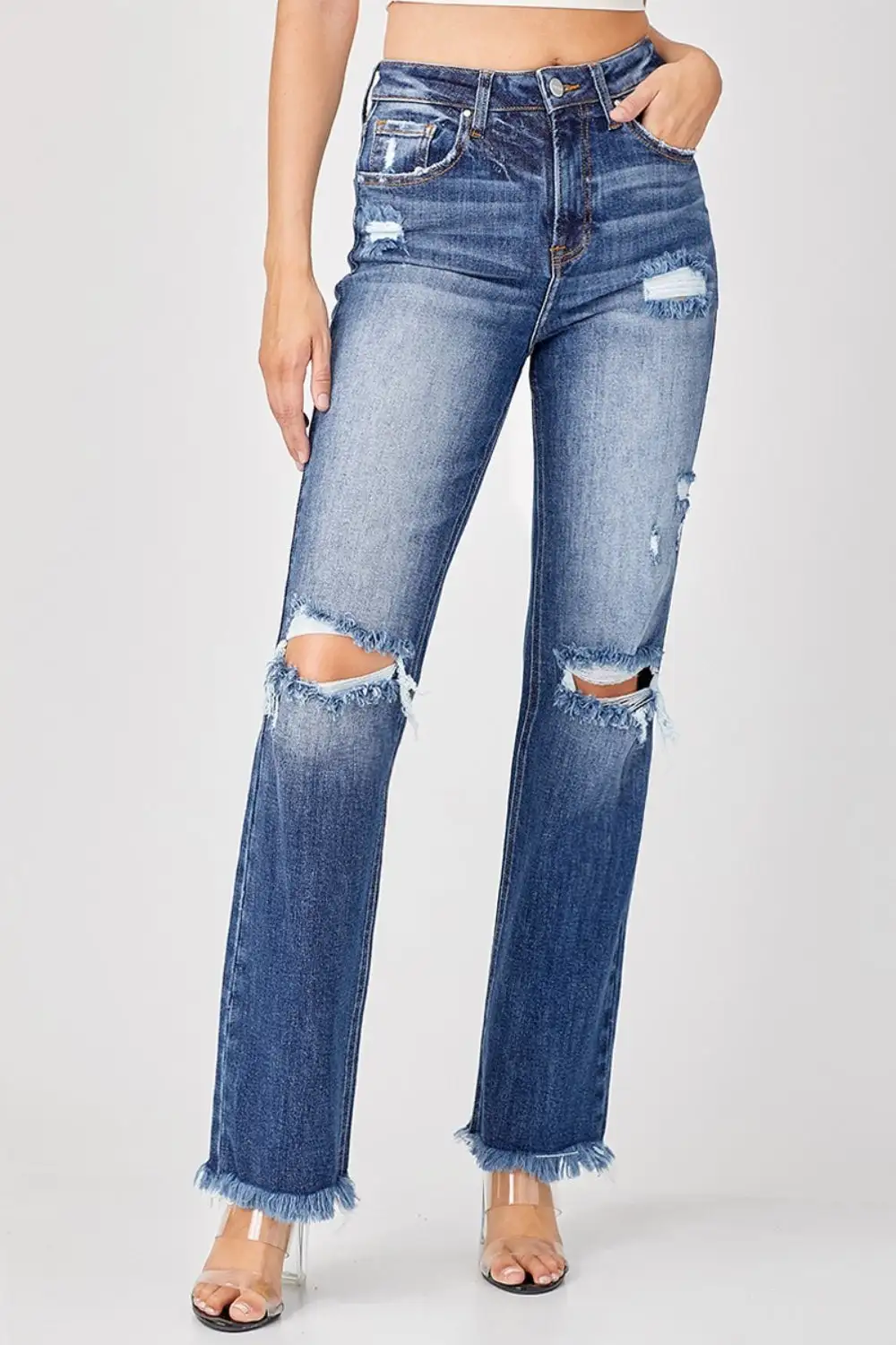 Straight Leg Raw Hem Distressed Denim Jeans
