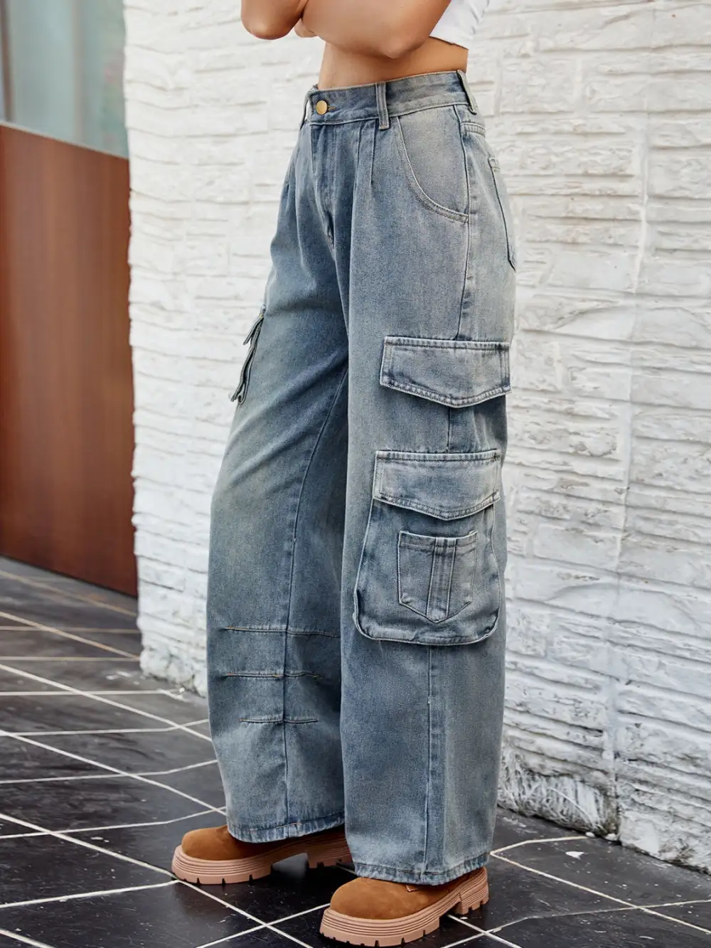 Washed Jeans Pocket Detail Denim