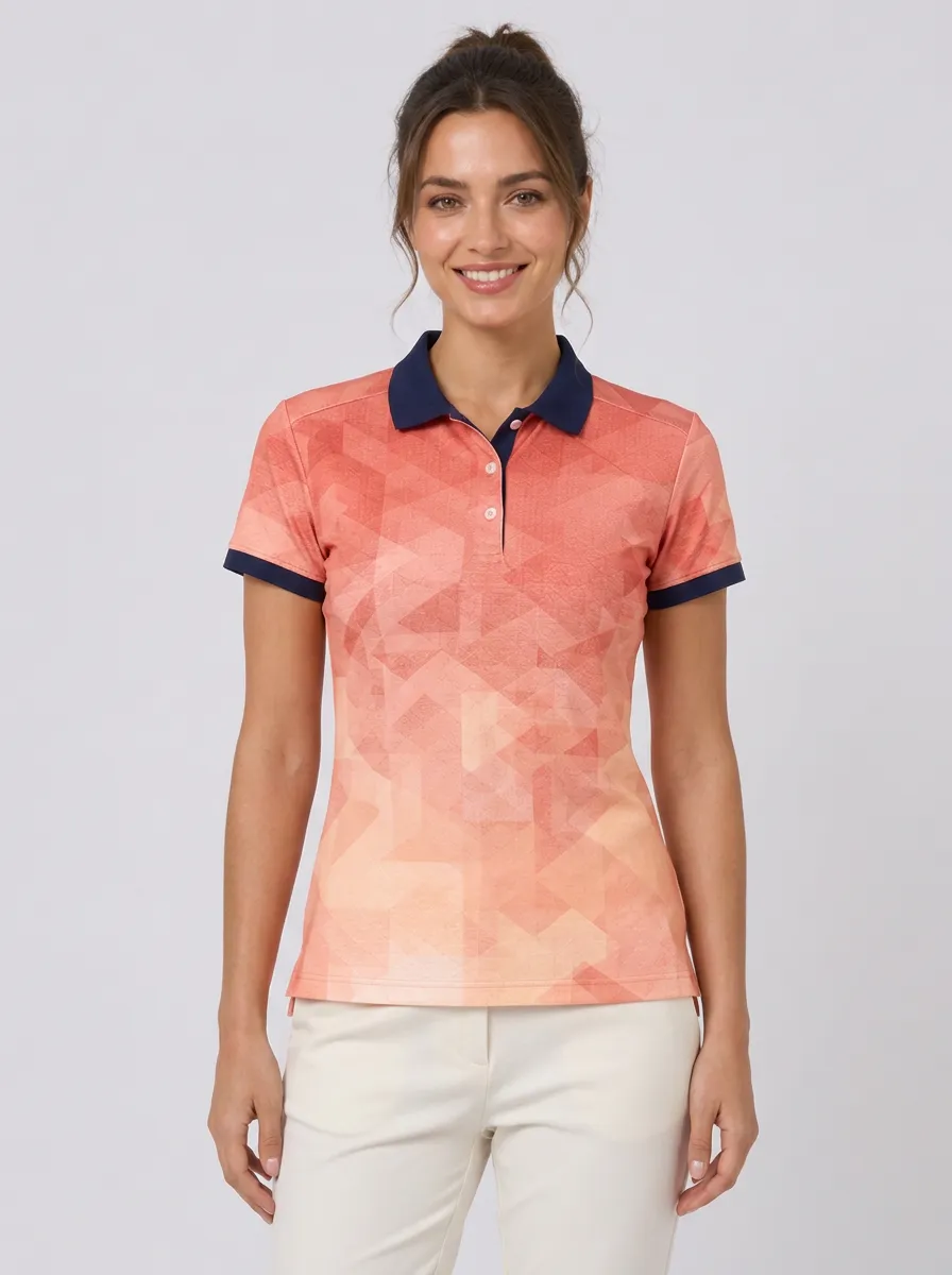 Women's Geometric Pattern Coral Printed Polo Shirt