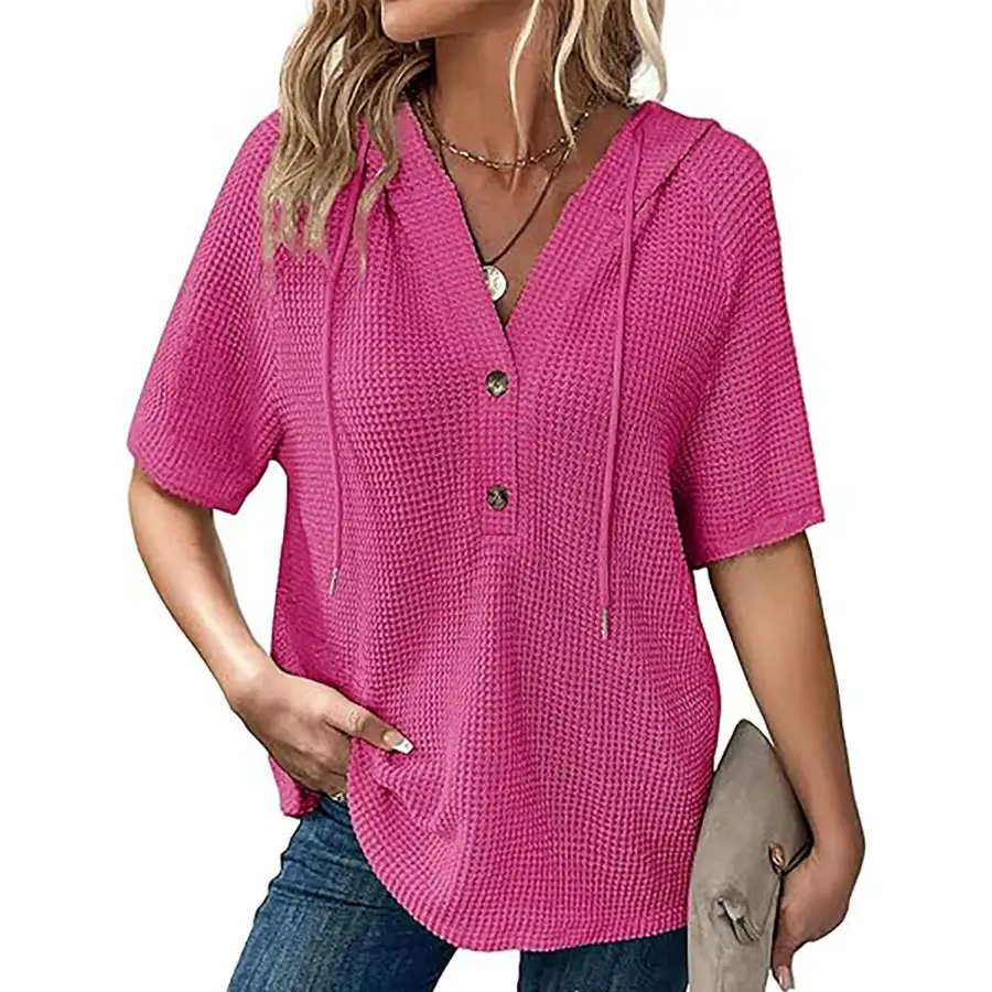 Waffle Knit Hooded Short Sleeve Blouse