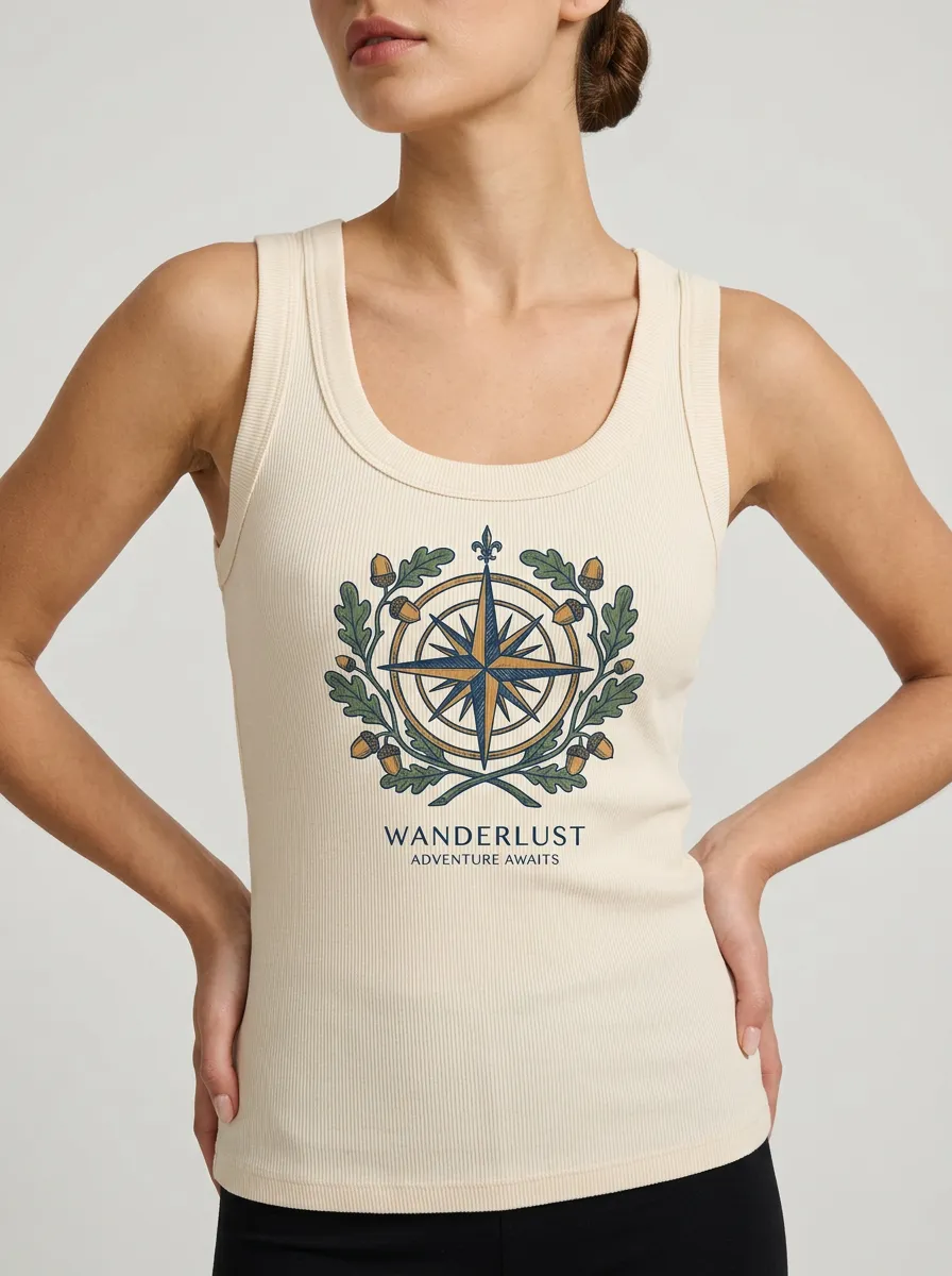 Women's Wanderlust Travel Compass Oak Leaf Printed Tank Top