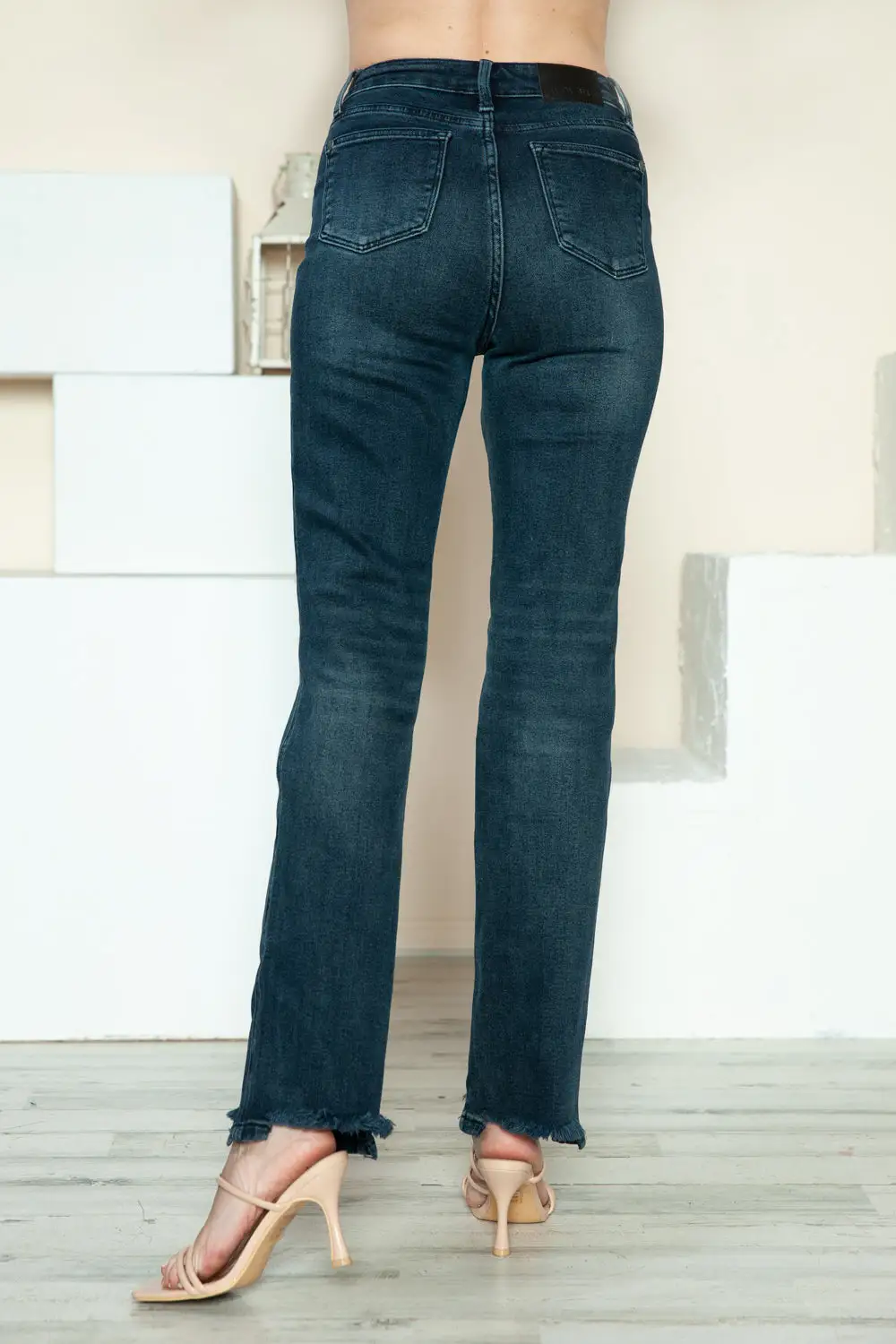 Button Fly Hem Destroy Straight Denim Jeans