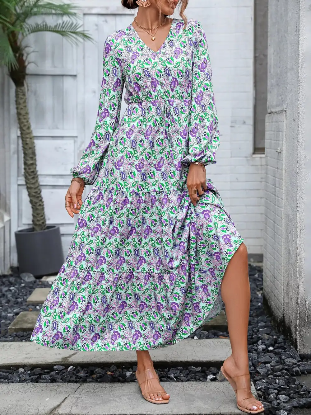 Smooth Finish Printed V Neck Long Sleeve Dress