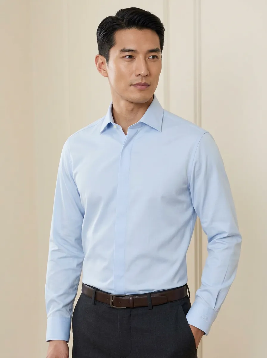 Men's Business Casual Non-Iron Cotton Solid Light Blue Long Sleeve Shirt