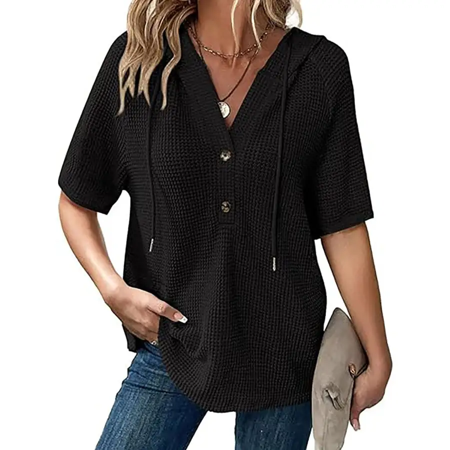 Waffle Knit Hooded Short Sleeve Blouse