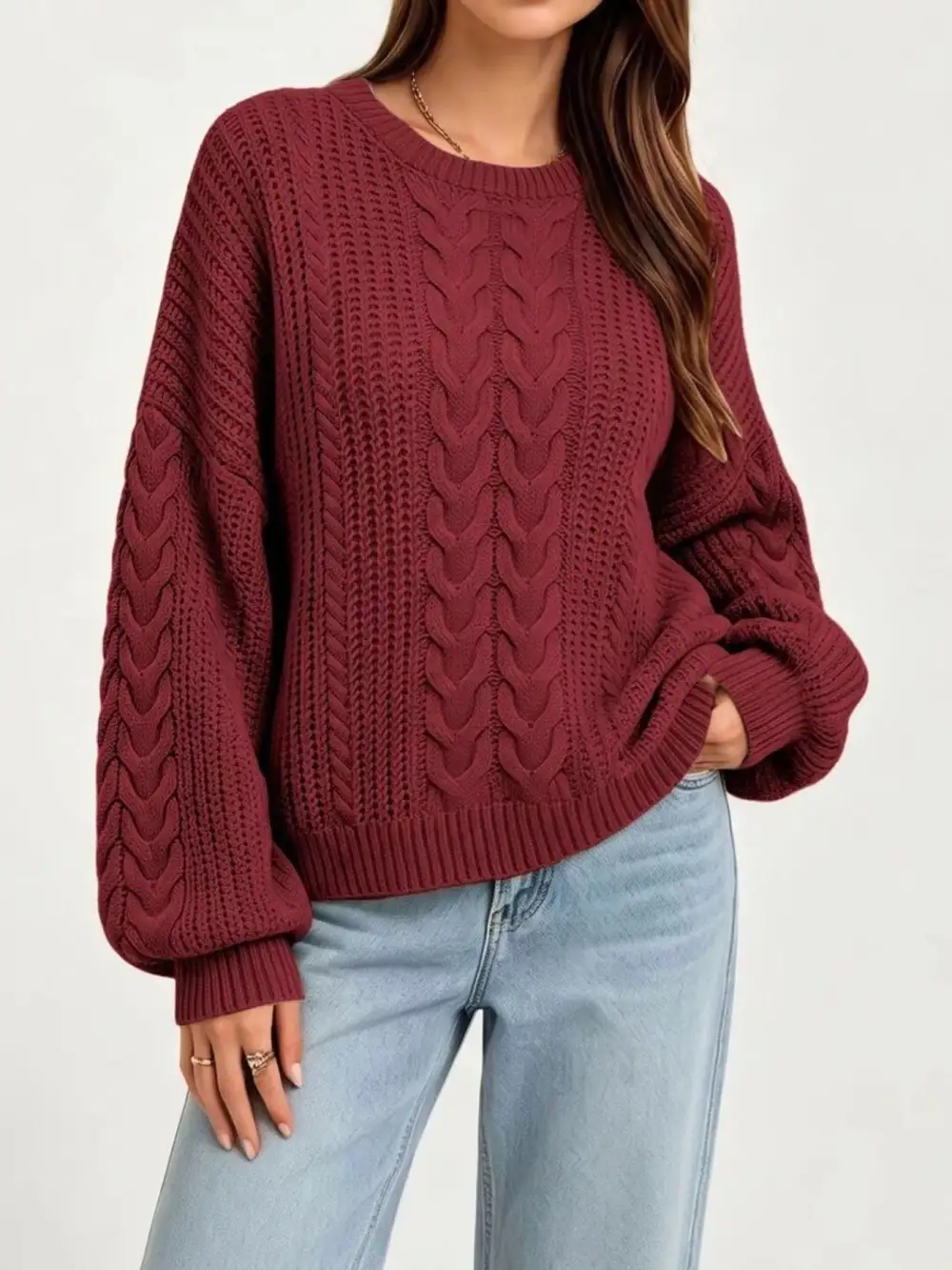 Round Neck Cable Knit Oversized Sweater