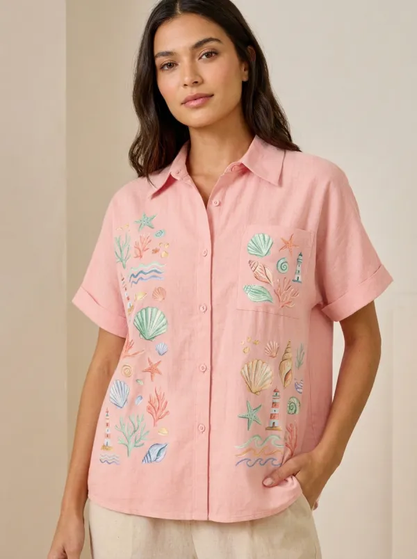 Women's Coastal Seashell Lighthouse Graphic Button-up Shirt Tank Top