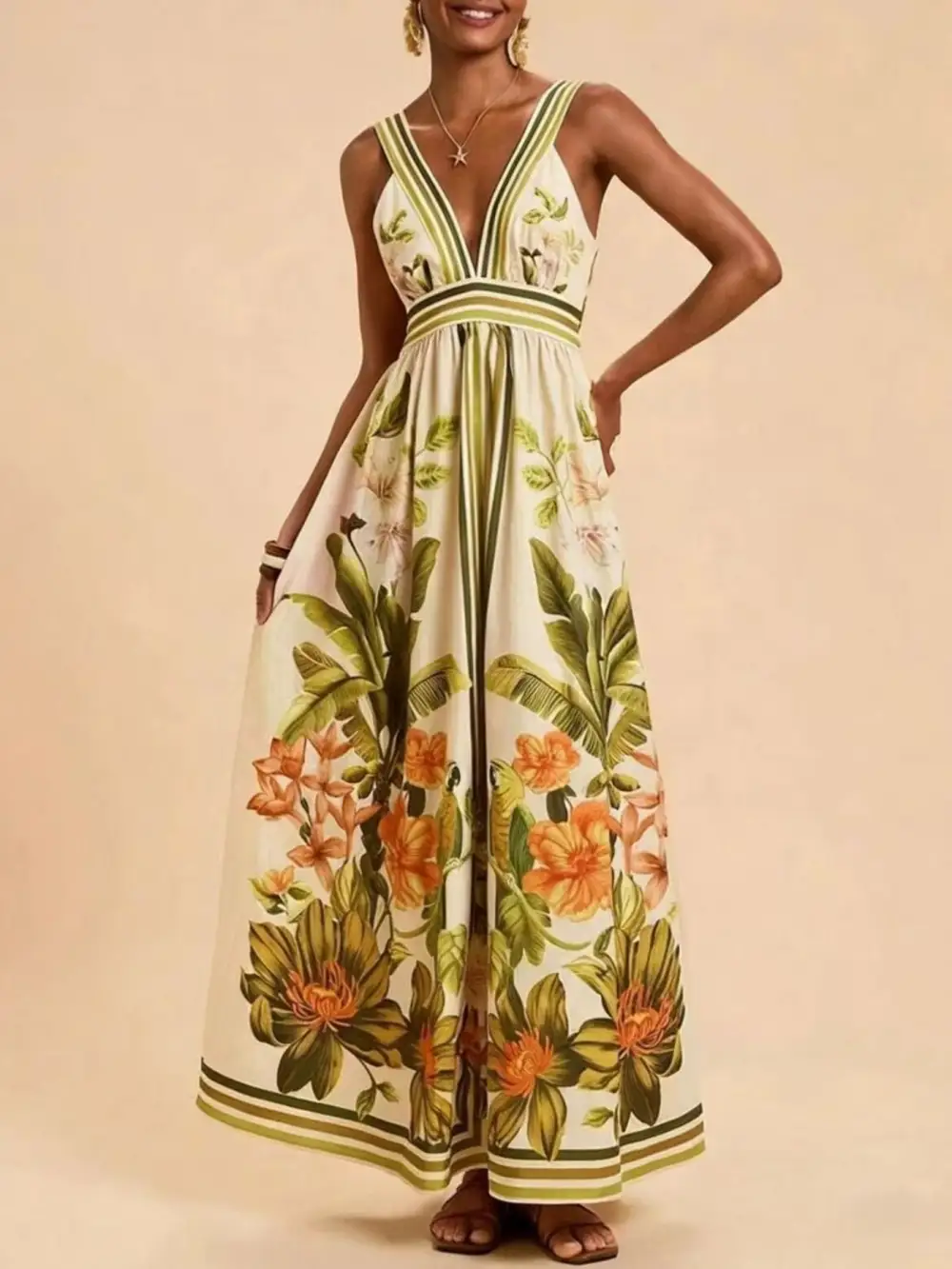 Classic Tropical Print V Neck Maxi Dress