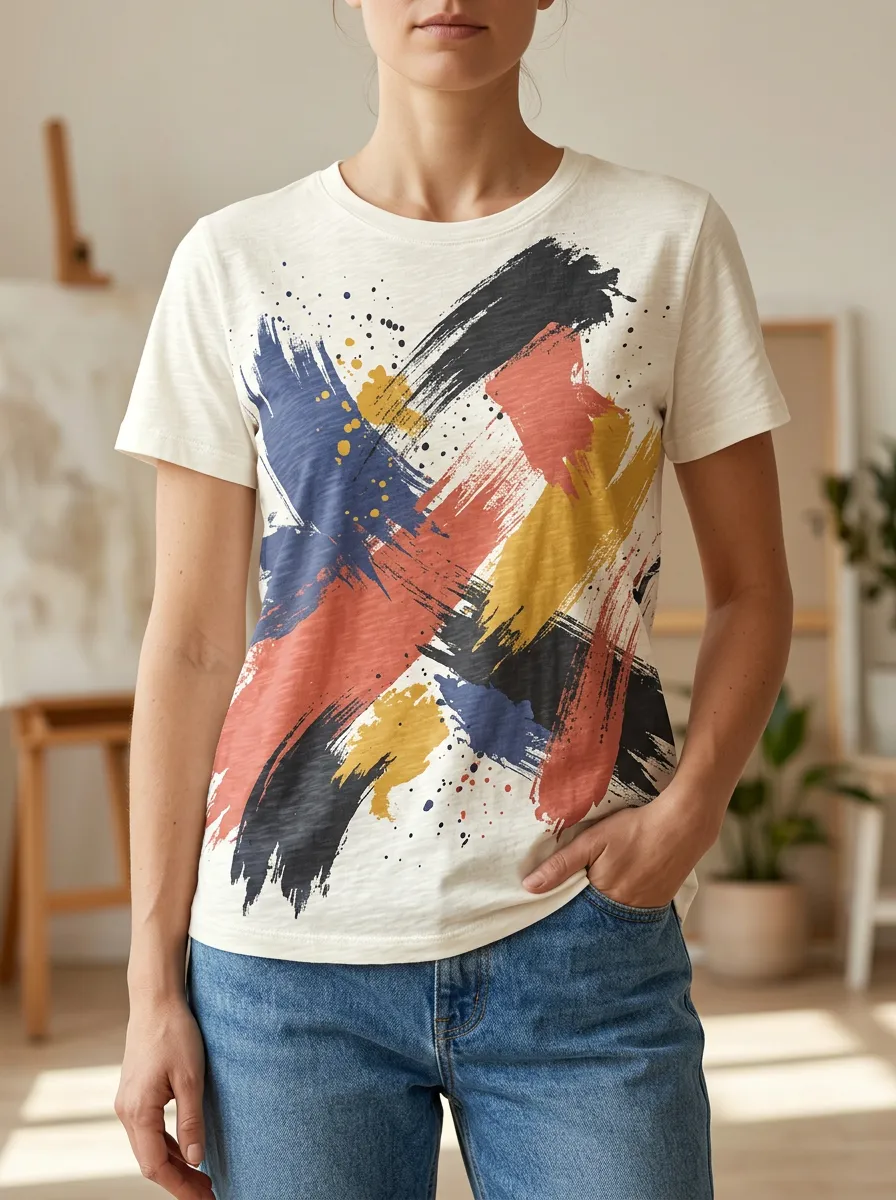 Women's Dynamic Abstract Art Lover Colorful Brushstroke Crew Neck T-Shirt