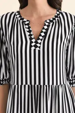 Below-Knee Striped Viscose Tiered Pocket V-Neck Half-Sleeve Dress
