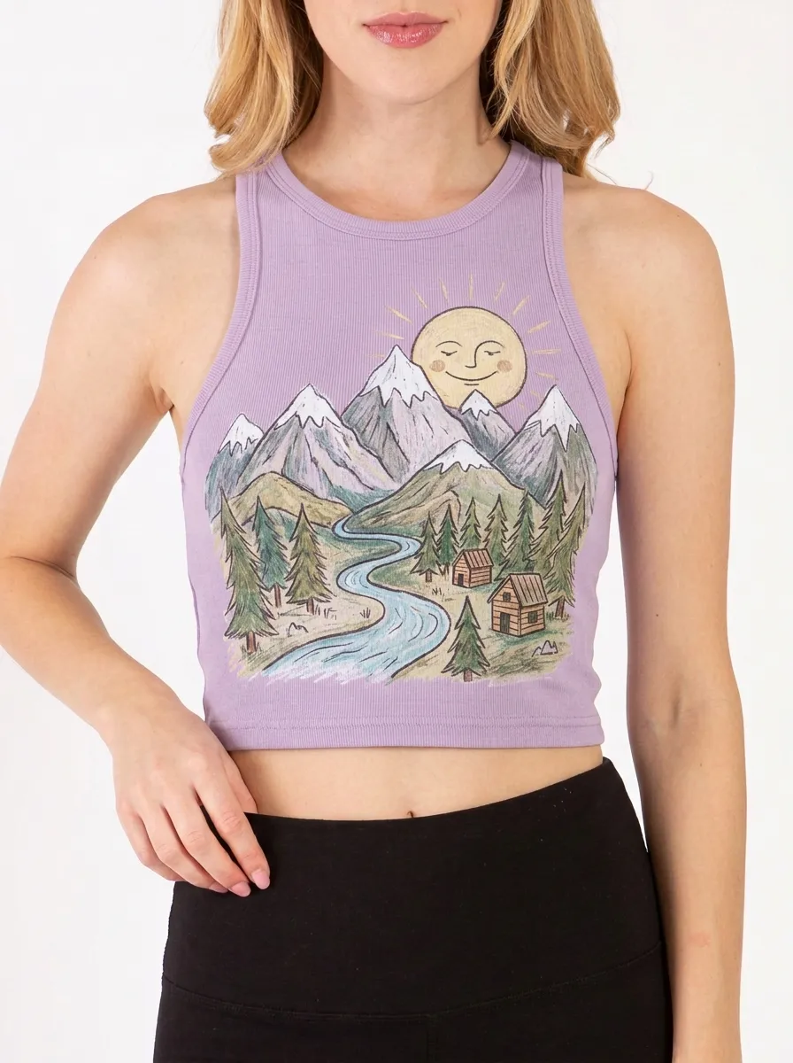 Women's Nature Mountain River Cabin Graphic Crop Tank Top