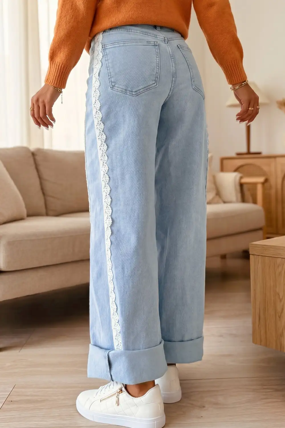 Women's Lace Trim Casual Full Length Regular Fit Jeans
