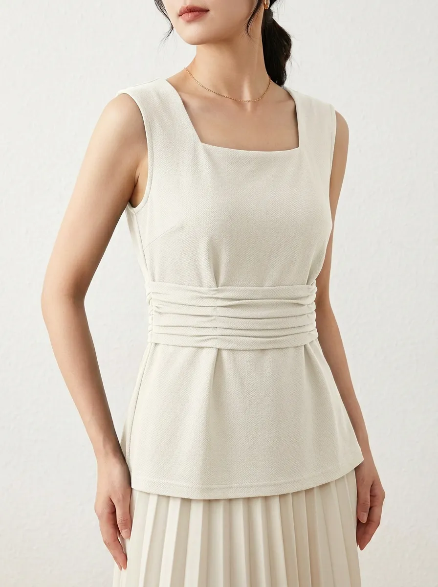 Modern Square-Neck Waist-Ruched Ruched Tank Top