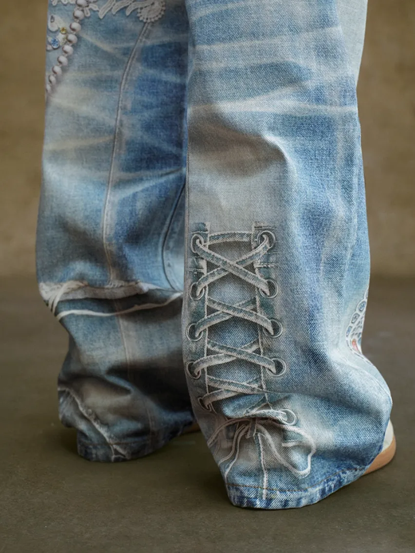 Embellished Deconstructed Denim Jeans
