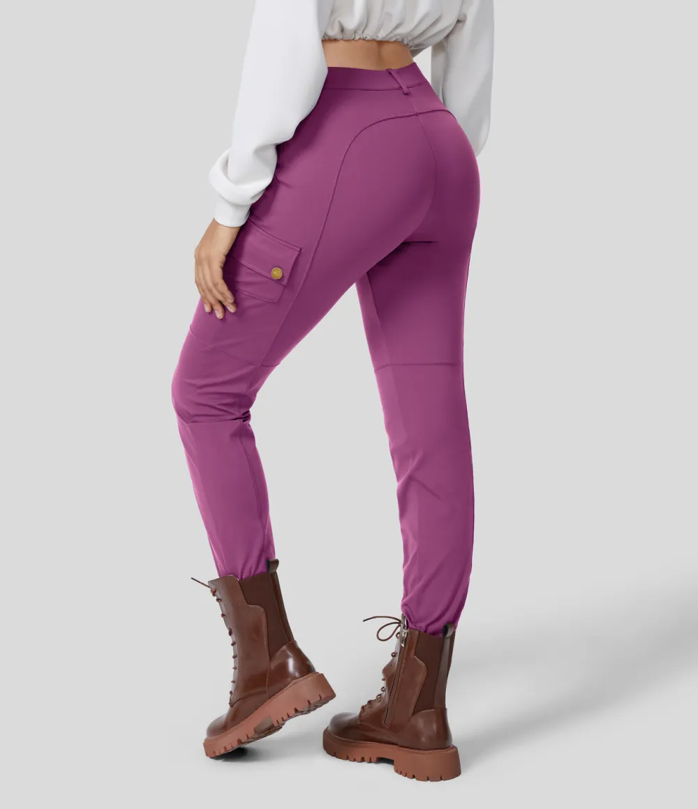 High Waisted Button Zipper Multiple Pockets Solid Skinny Cargo Pants