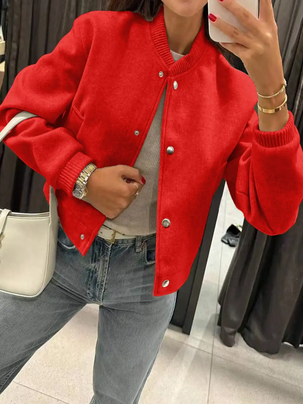 Cropped Teddy Ribbed Trim Bomber Jacket