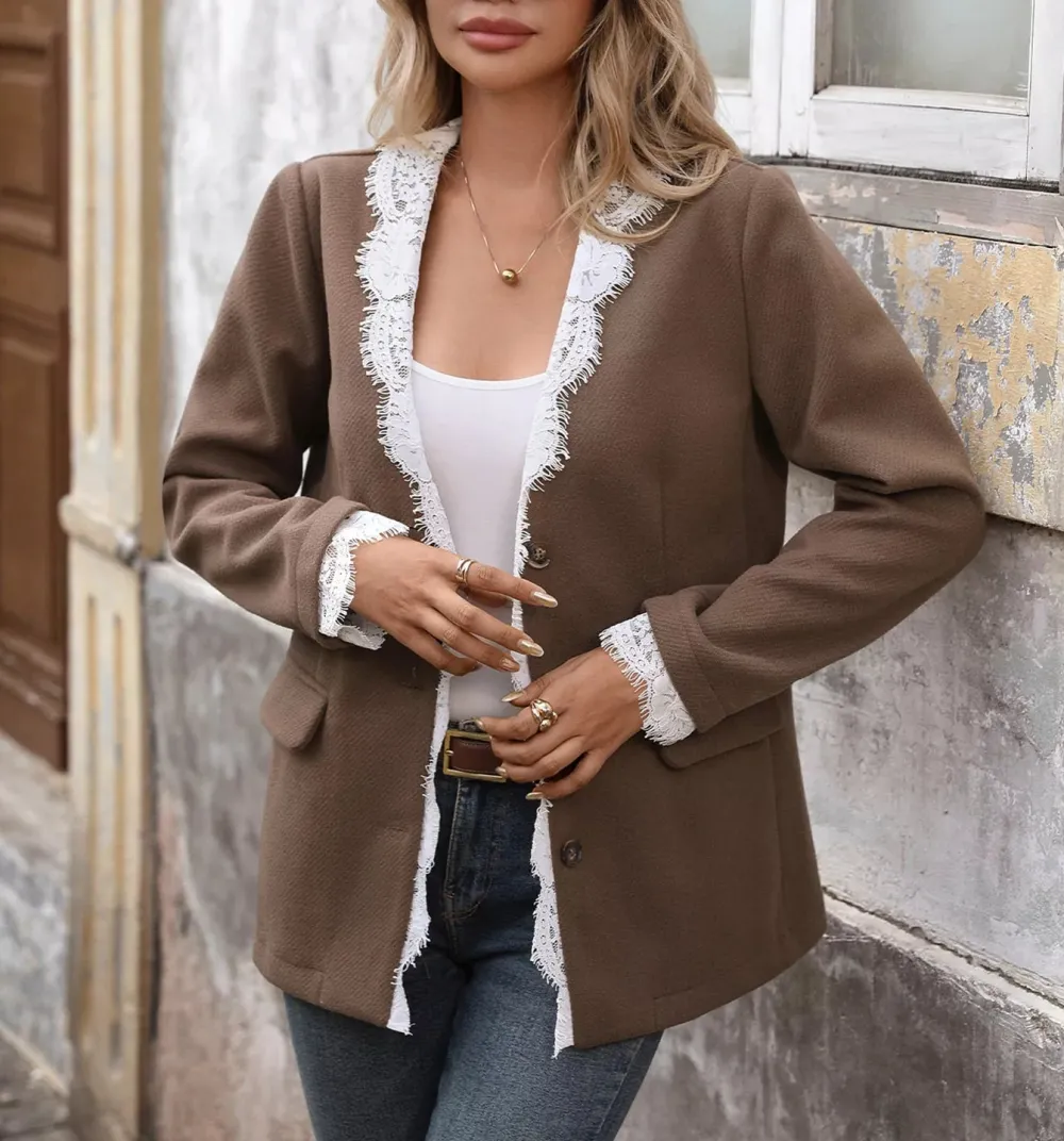 Refined Button-Up Lace-Detail Blazer