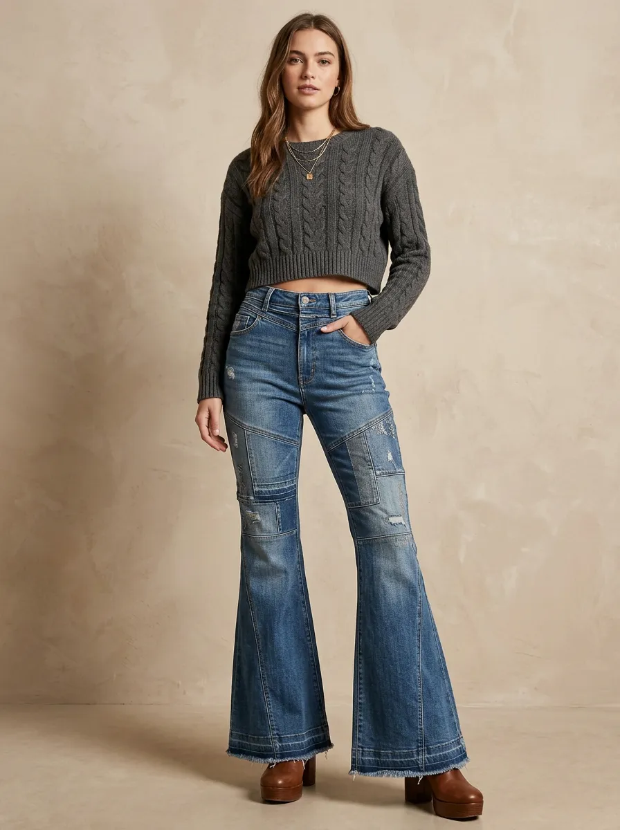 Women's Vintage Style Patchwork Distressed Printed Flare Jeans
