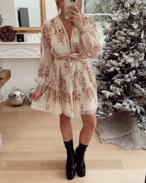 V-Neck Pleated Sequined Mini Dress