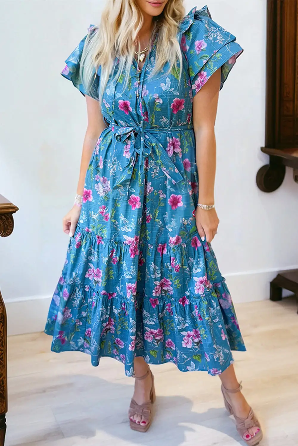 Floral Split Neck Tie Waist Dress Casual