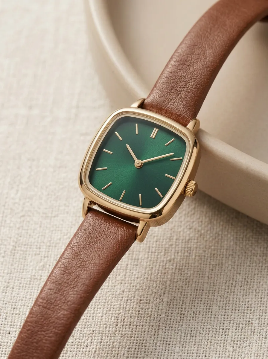 Women's Vintage Style Green Square Dial Brown Leather Strap Watch