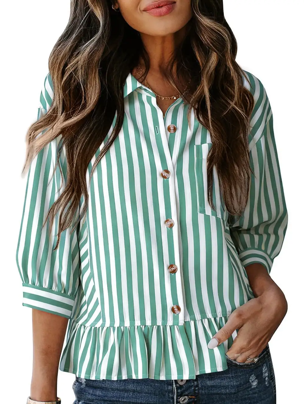 Stripe Button Three Quarter Sleeve Shirt