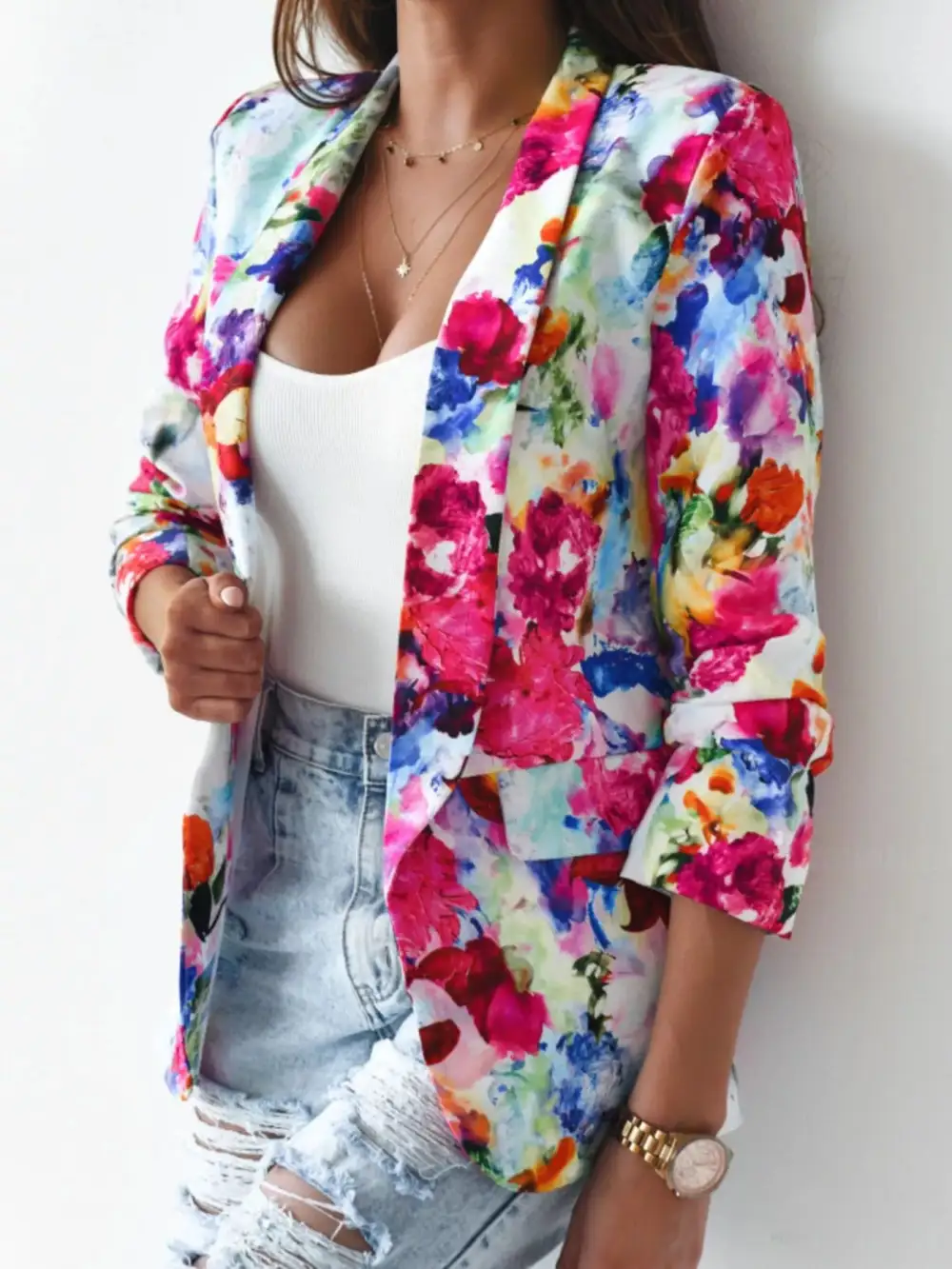 Open-Front Floral-Print Blazer