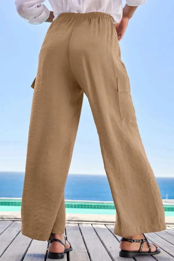Drawstring Frilled Waist Wide Leg Utility Trousers