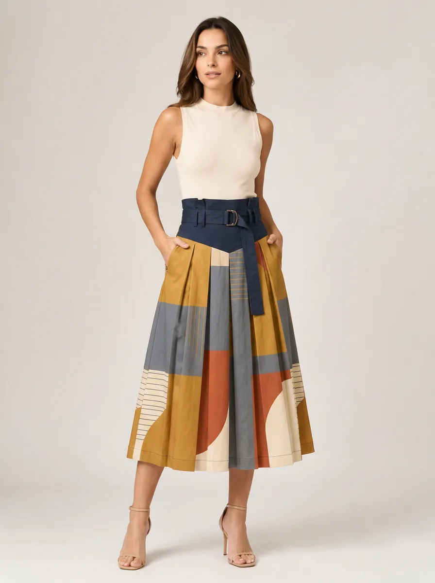 Women's Geometric Abstract Pattern Belted Printed Midi Skirt