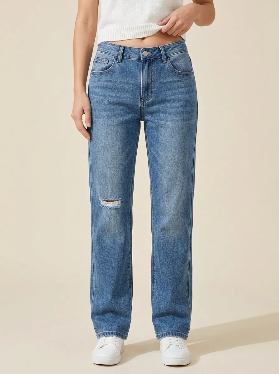 Women's Whiskered Right-Thigh Distressed Mid-Rise Straight-Leg Jeans