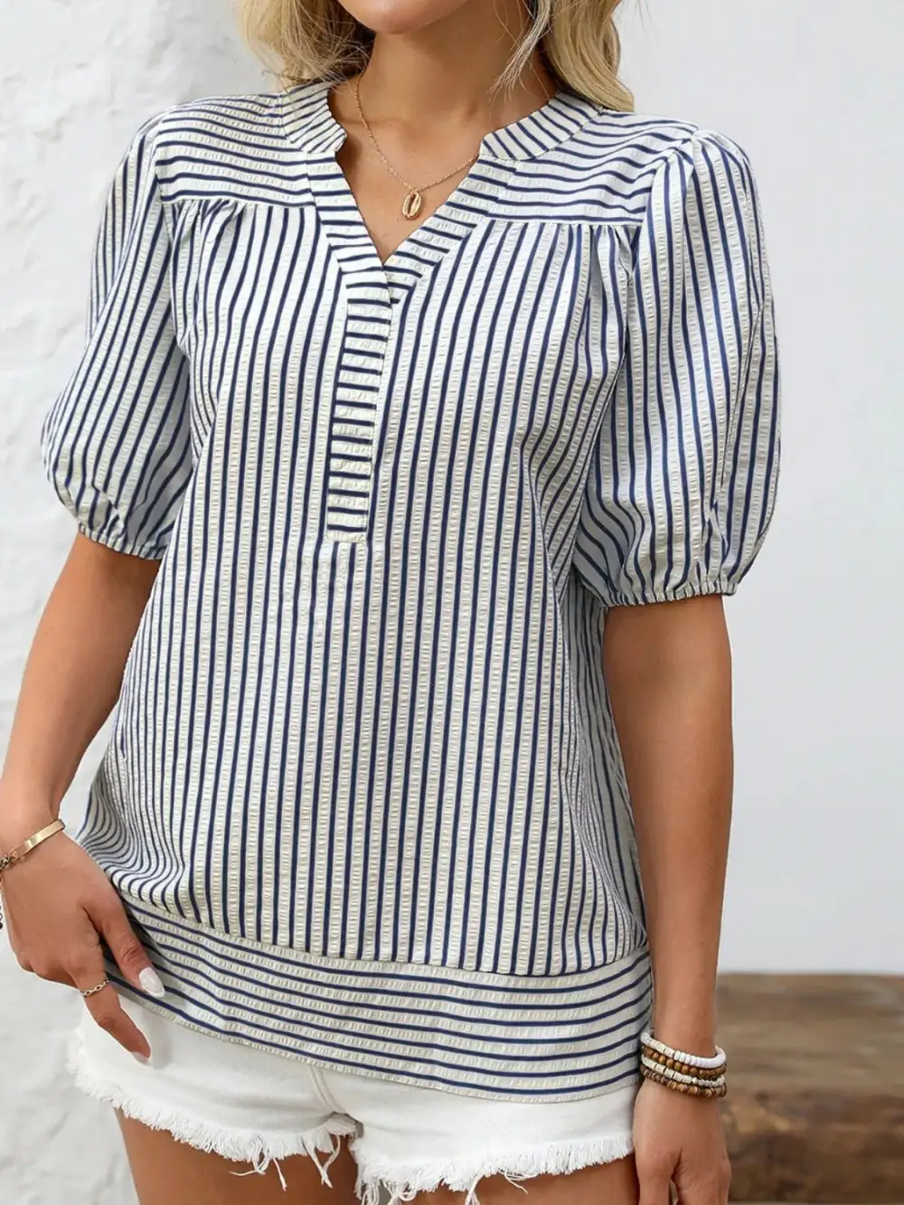 Striped Notched Puff Sleeve Blouse