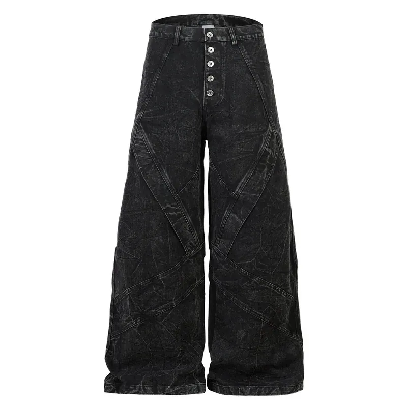 Heavy-Duty Patchwork Wide-Leg Denim Jeans