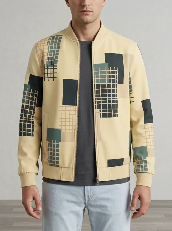 Grid Print Ribbed Trim Welt Pockets Bomber Jacket