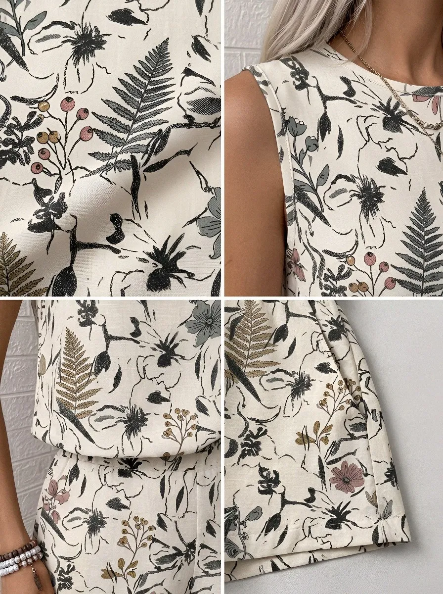 Women's Botanical Floral Fern Printed Sleeveless Short Set