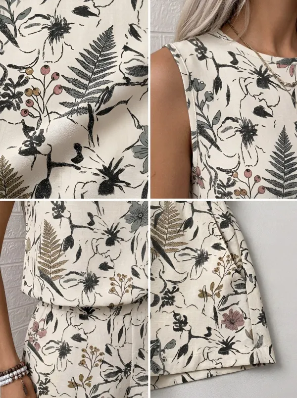 Women's Botanical Floral Fern Printed Sleeveless Short Set