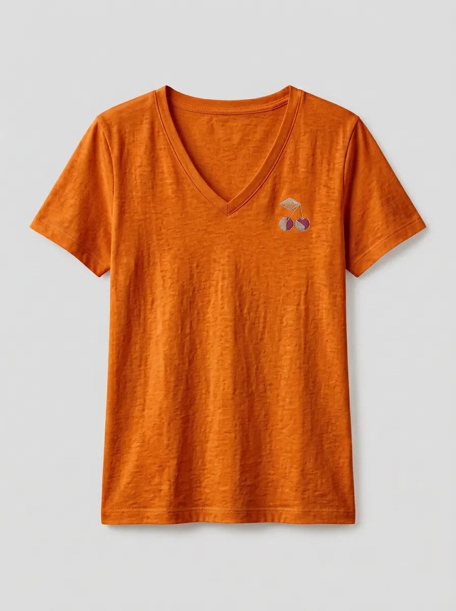 Women's Cherry-Embroidered Left-Chest V-Neck T-Shirt