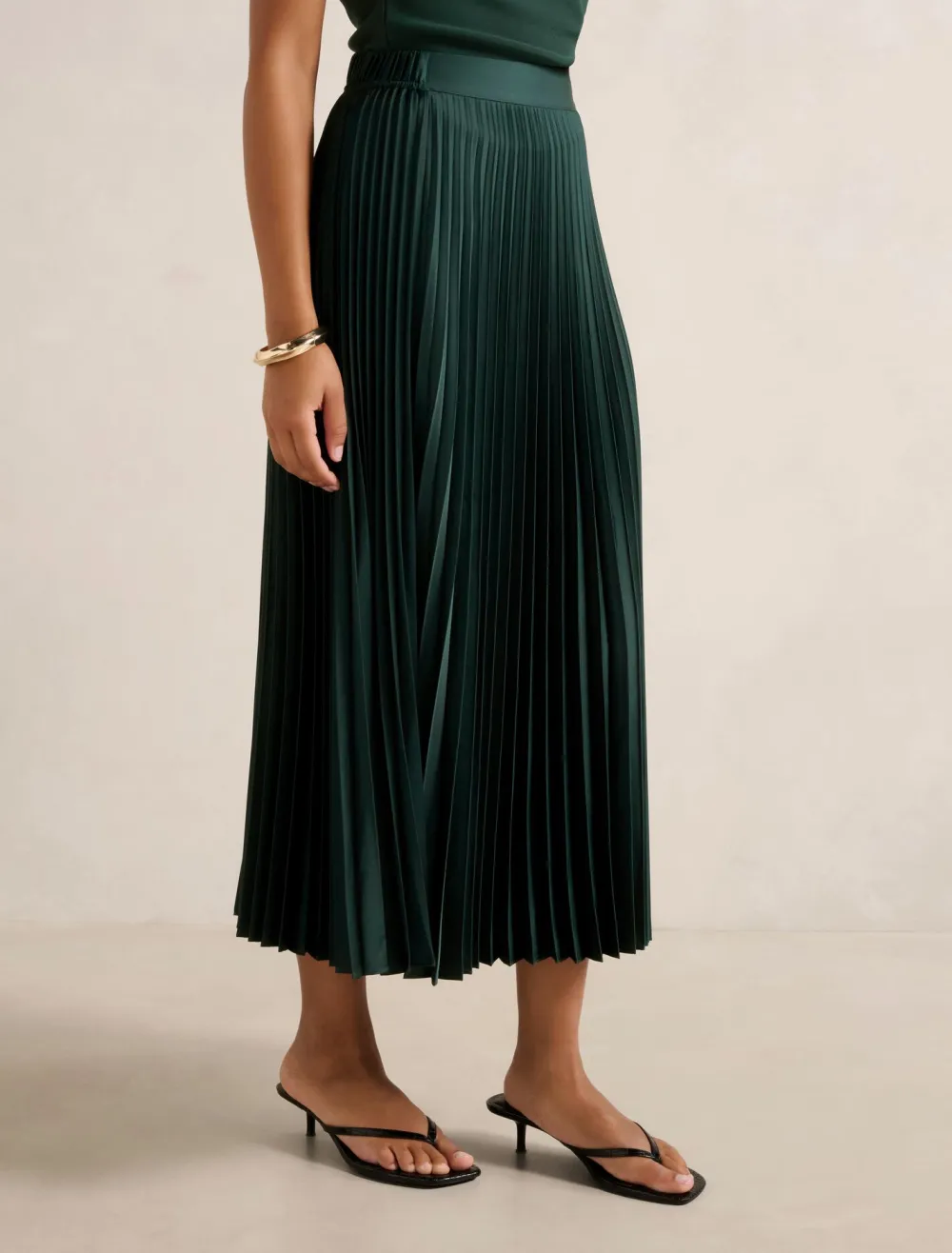 Dark Green Satin Pleated Midi Skirt