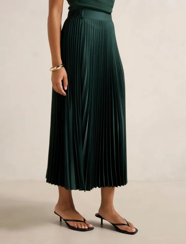 Dark Green Satin Pleated Midi Skirt